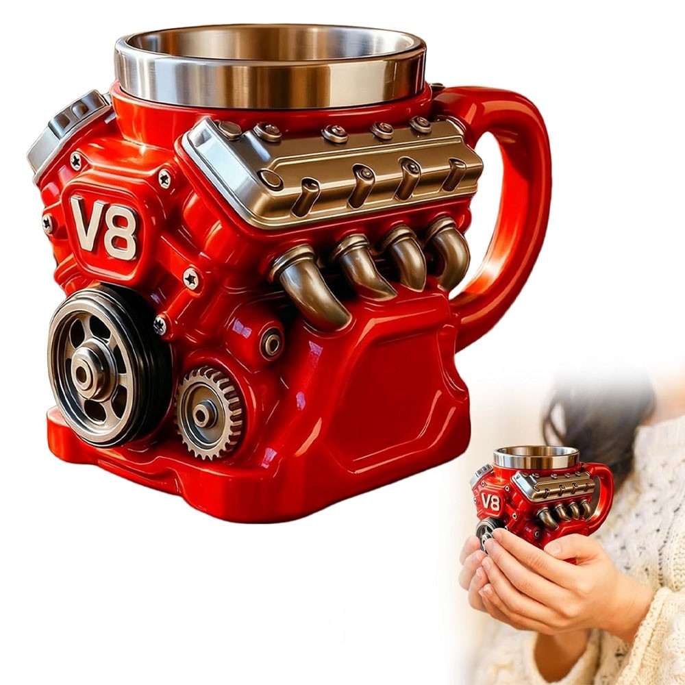 Retro V8 Engine Coffee Mug Ceramic Cup Stainless Steel Interior Gift Automotive