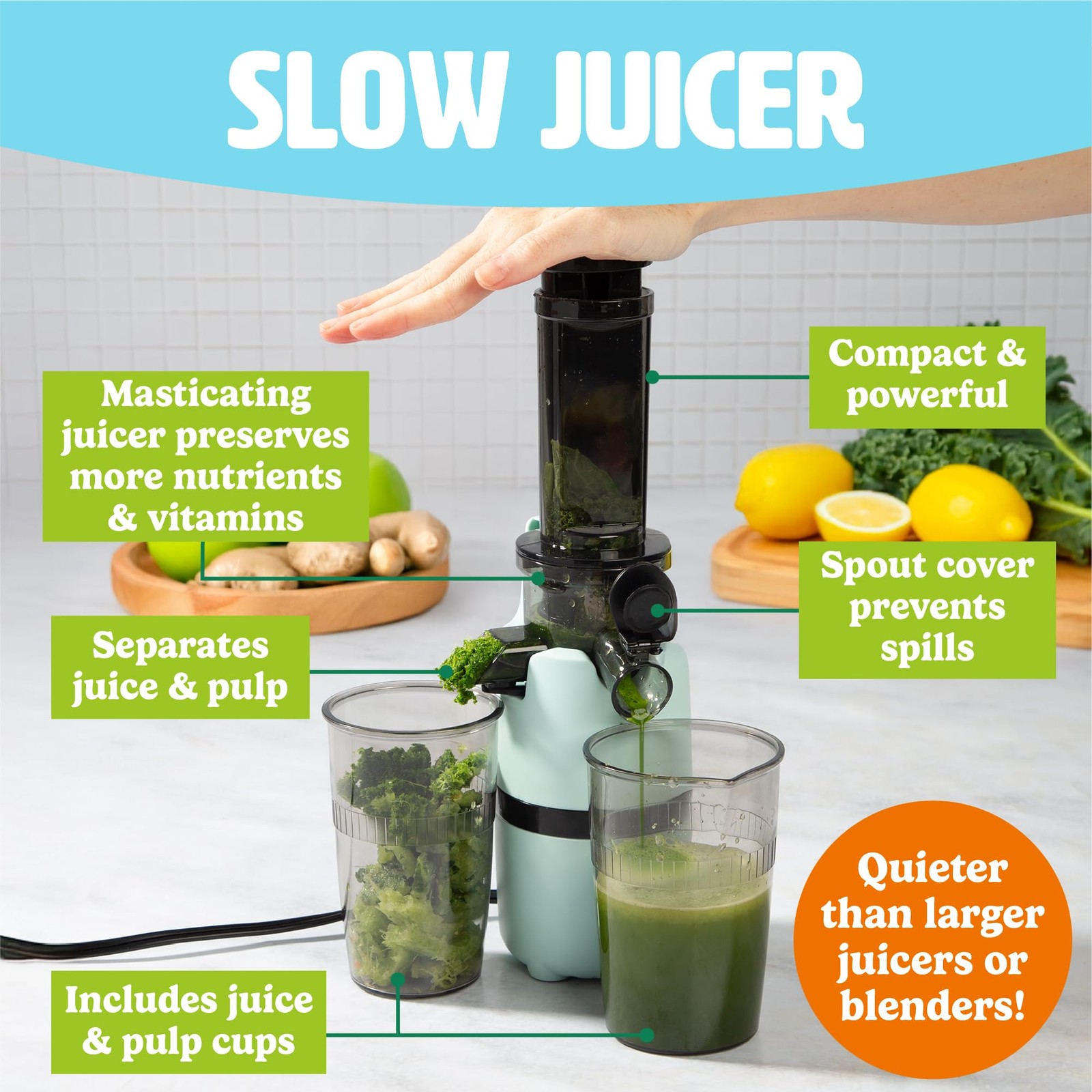 Tasty Slow Juicer, Compact Masticating Juicer with Pulp Separation, Maximum J... gallery