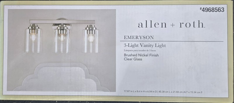 Allen & Roth 3-Light Vanity Light Brushed Nickel Finish Clear Glass Shades NEW gallery