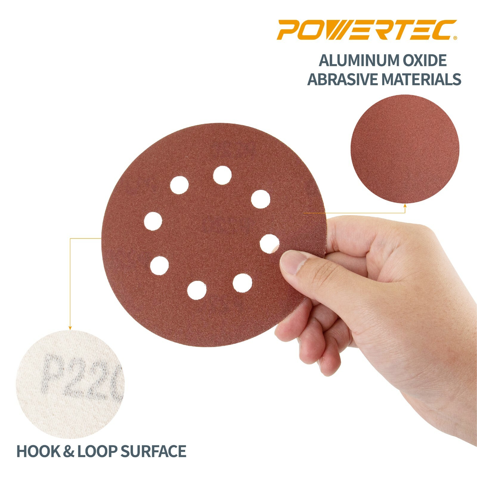 POWERTEC 5" A/O Hook & Loop 8 Hole Disc, Grits 40/80/120/220/320 - 100PK (45000) gallery