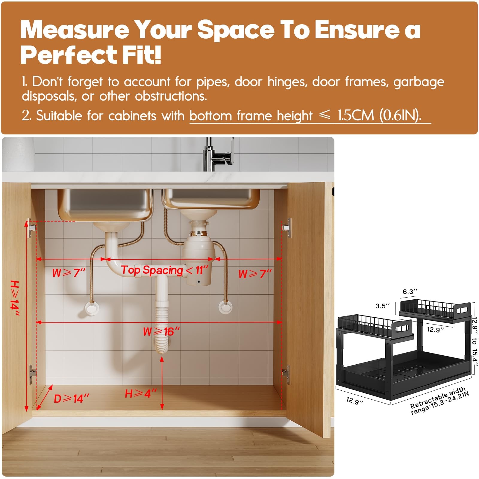 Under Sink Organizer 2 Tier Pull Out Adjustable Height Slide Tracks Black gallery