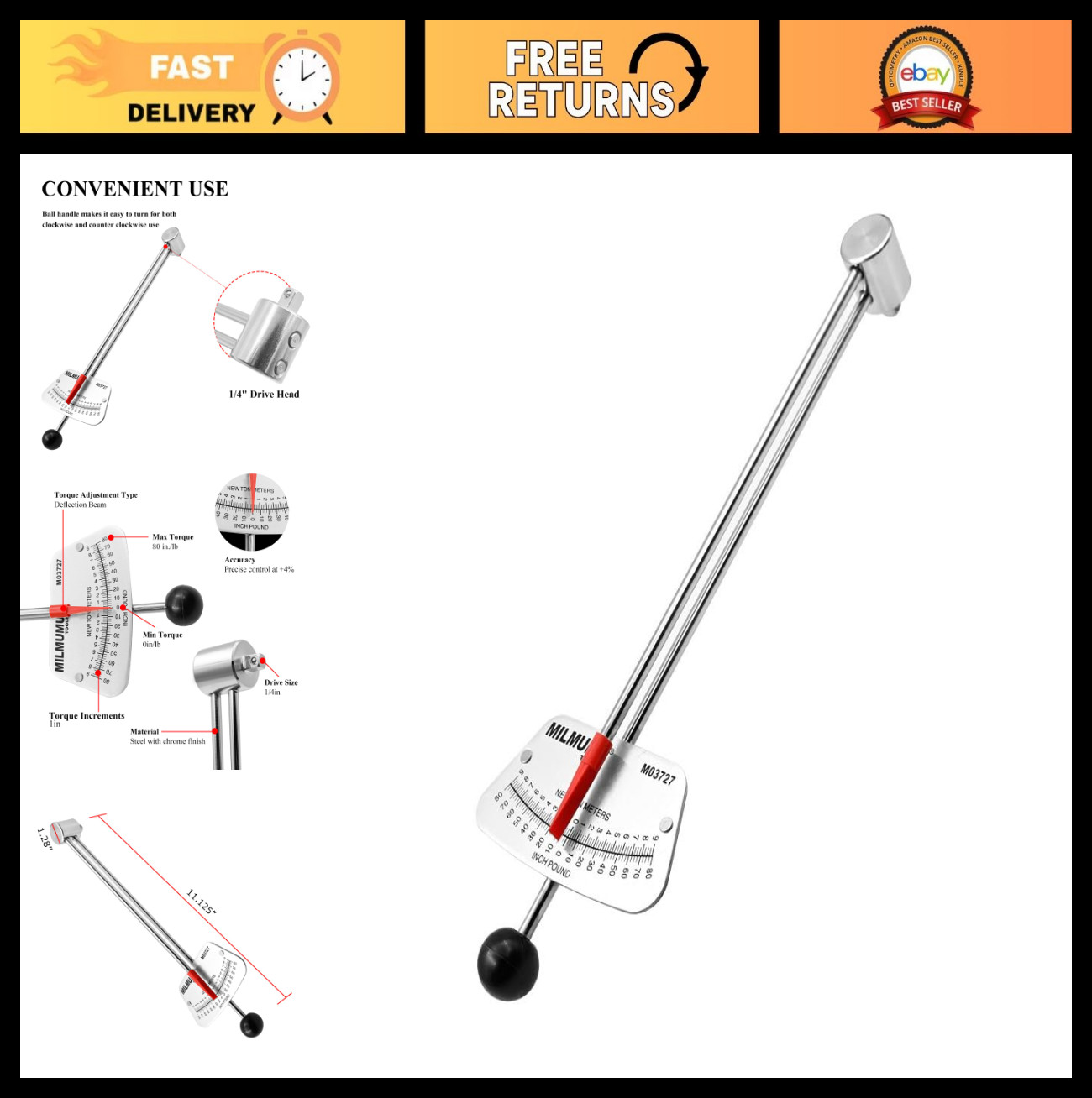 Precision 1/4" Drive Beam Torque Wrench - 0-80 Inch-Pounds, 0-9 Nm for Bikes & A gallery