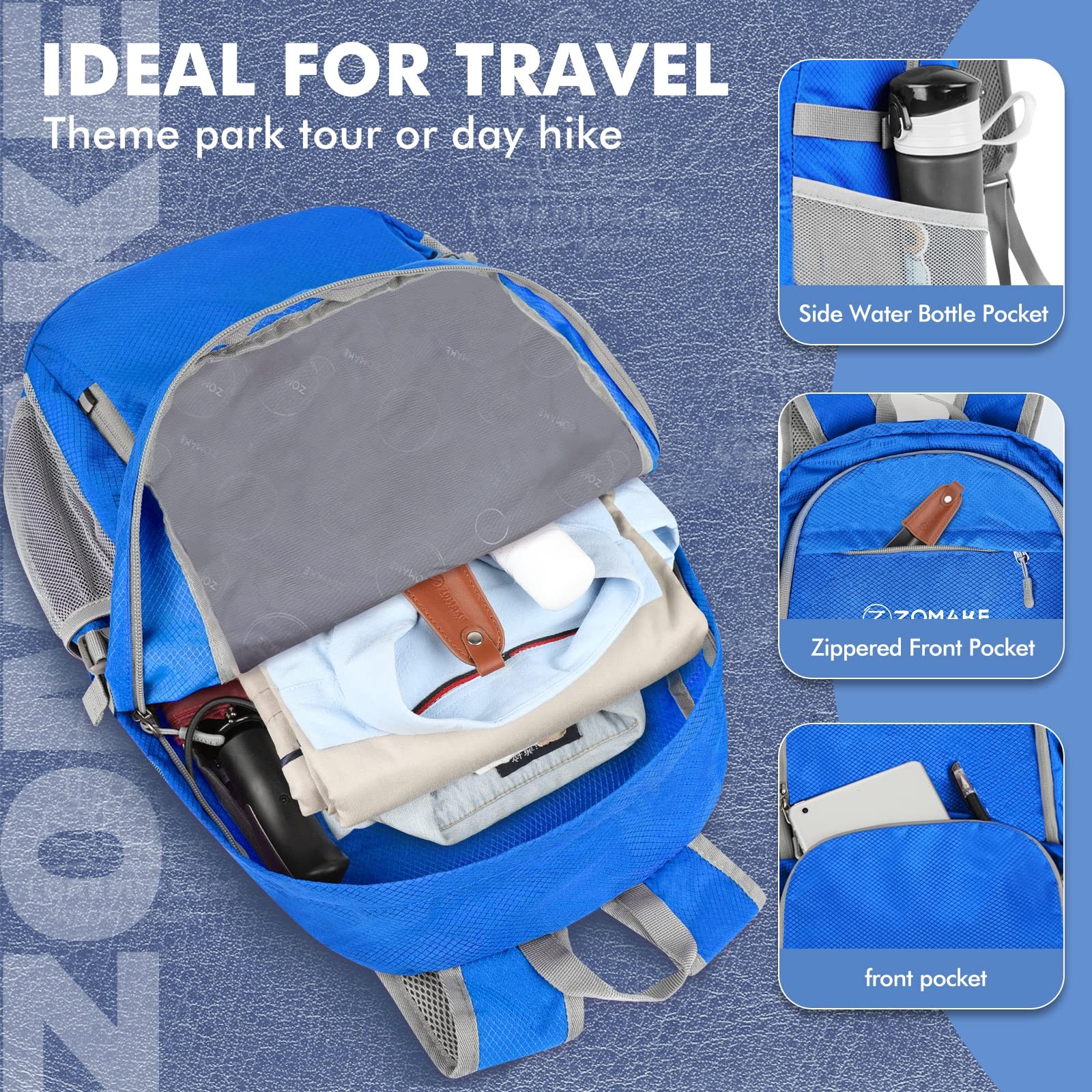 Medium Dark Blue Lightweight Packable Backpack 30L Large Capacity Daypack 4