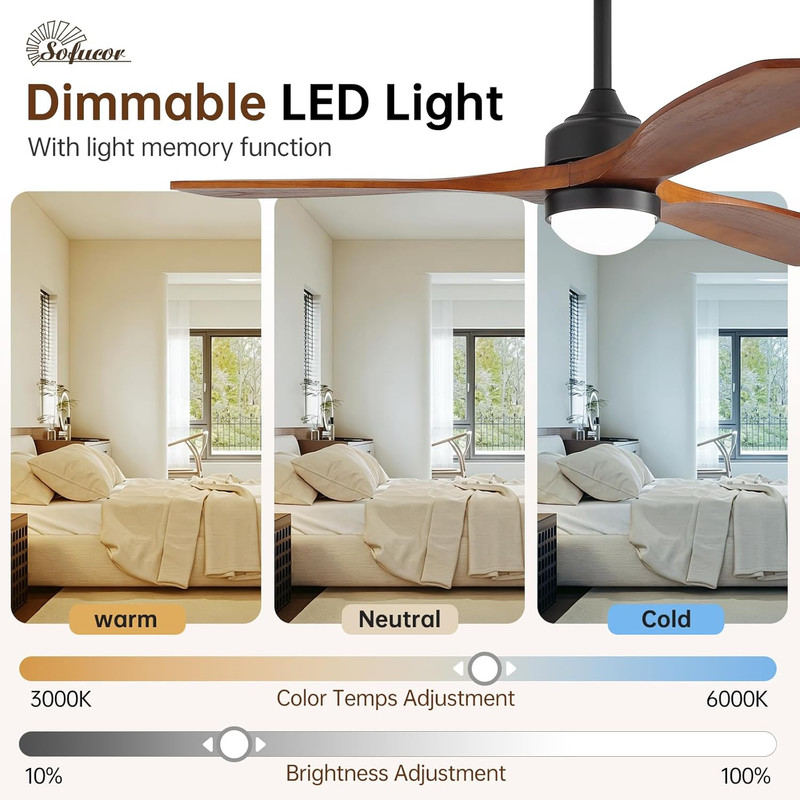 Sofucor 52" Solid Wood Ceiling Fan Lights, Flush Mount & Downrod Mount Ceiling F gallery