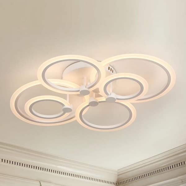 31 in. White Modern Integrated LED 6 Rings Circle Semi Flush Mount Ceiling Light gallery