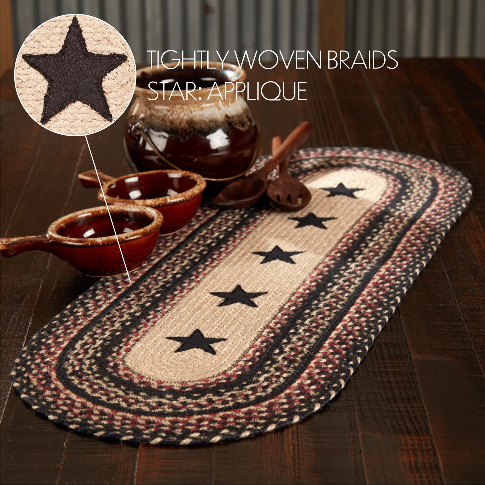 Table Runner Colonial Star Jute Country 13x36 Oval Kitchen Decor VHC Brands gallery