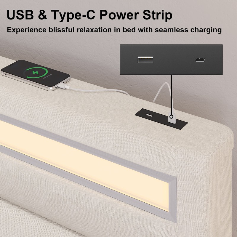 Upholstered Bed Frame with Storage Ottoman, LED Platform Bed with Headboard gallery