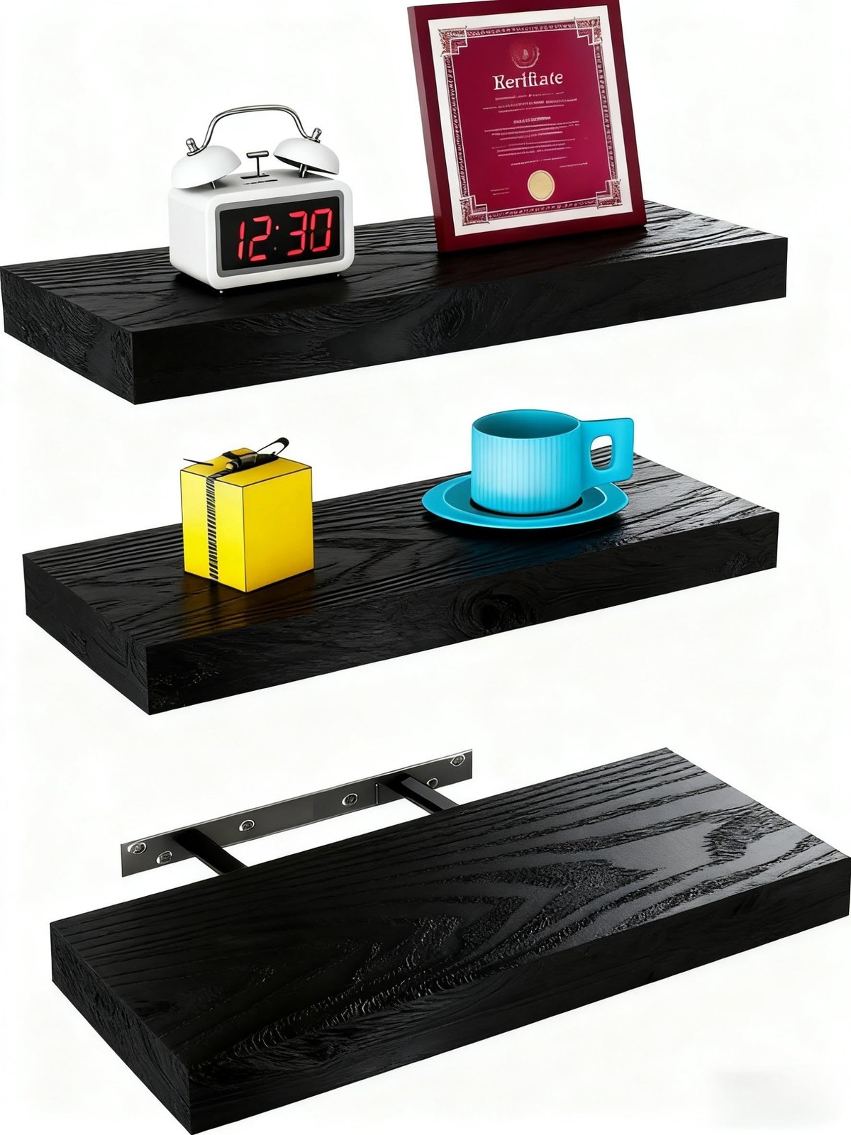 3 PCS 15 Inch Black Rustic Wood Floating Shelves with Invisible Wall Brackets gallery