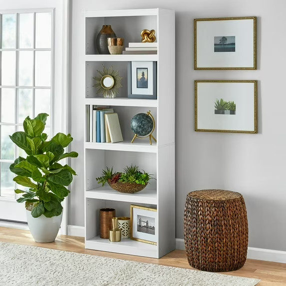 Mainstays White 5-Shelf Bookcase, Adjustable Shelves, Framed Design gallery