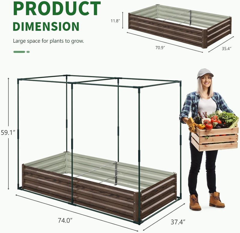 NAIZEA Galvanized Raised Garden Bed with Crop Cage Plant Protection Net Tent Kit gallery