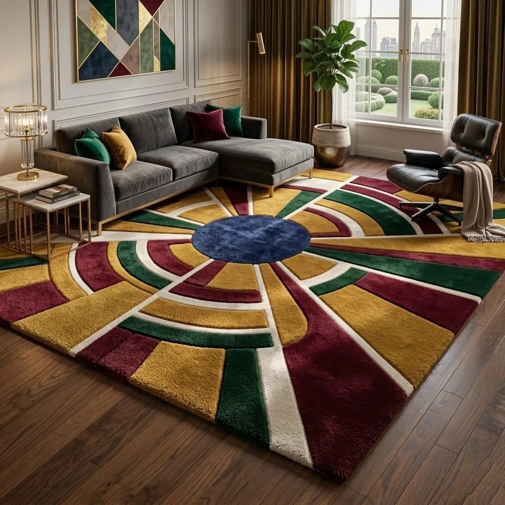 Luxury Geometric Art Deco Wool Rug Multicolor Gold Red Blue Green Living Room