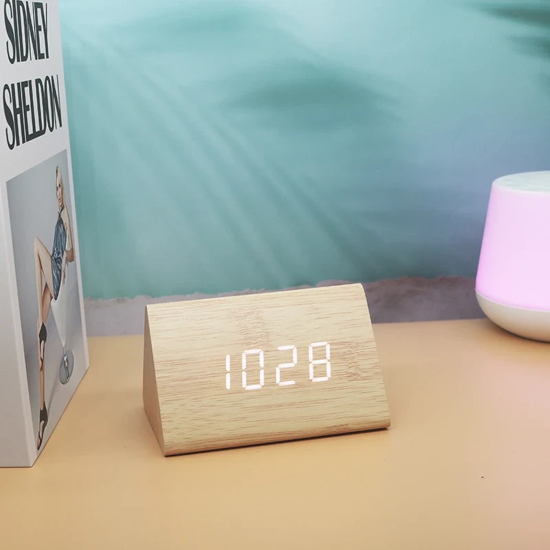 Wooden Digital Alarm Clock LED Time Temperature Display Bamboo Desk Clock gallery