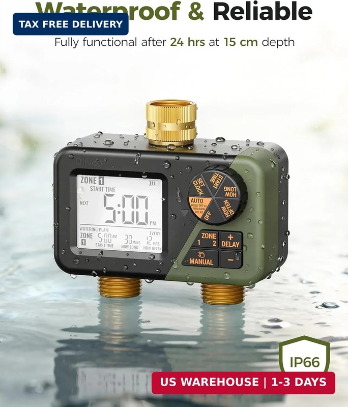 Diivoo Brass Sprinkler Timer 2 Zone, IP66 Waterproof Programmable Water Hose Tim gallery
