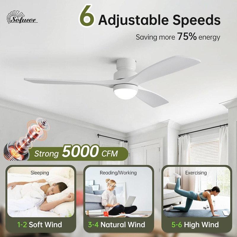 Sofucor 52" Solid Wood Ceiling Fan Lights, Flush Mount & Downrod Mount Ceiling F gallery