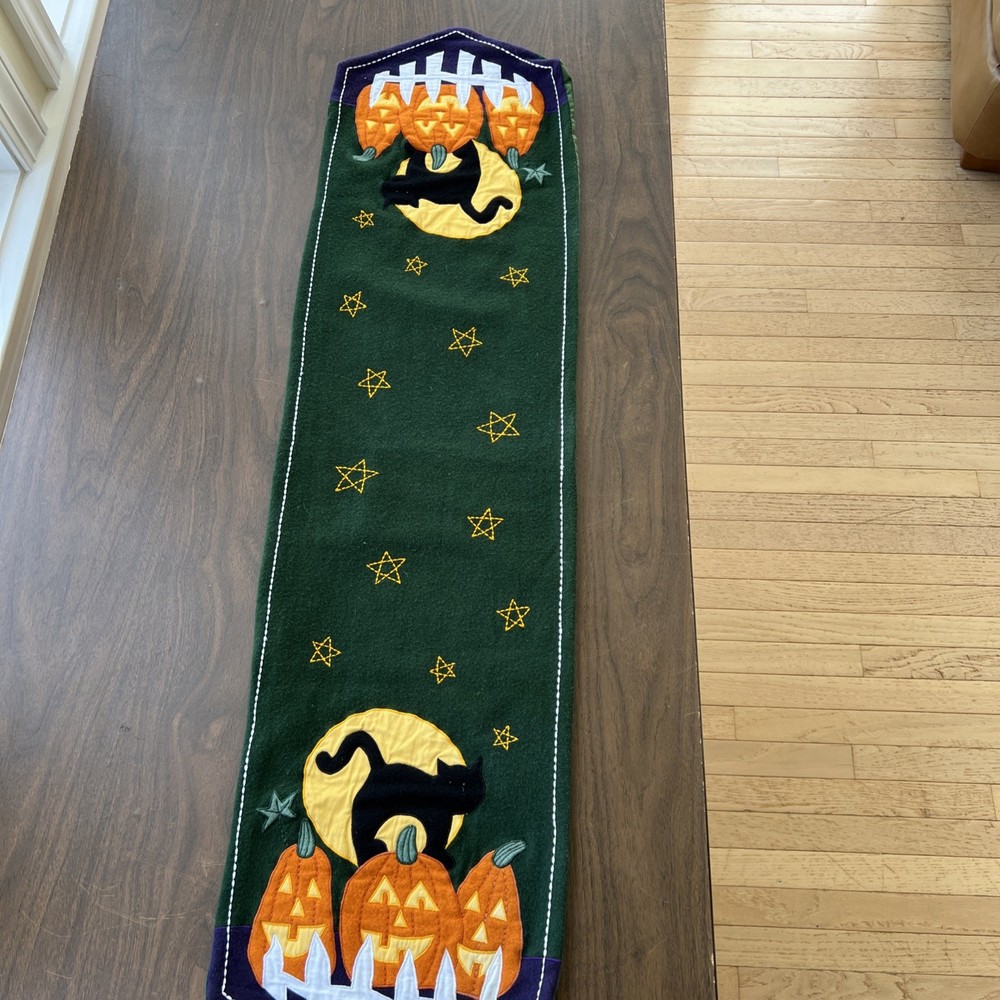 Kohls Halloween Wool Blend Table Runner Jack O Lantern Stars Black Cat 48 x 12
