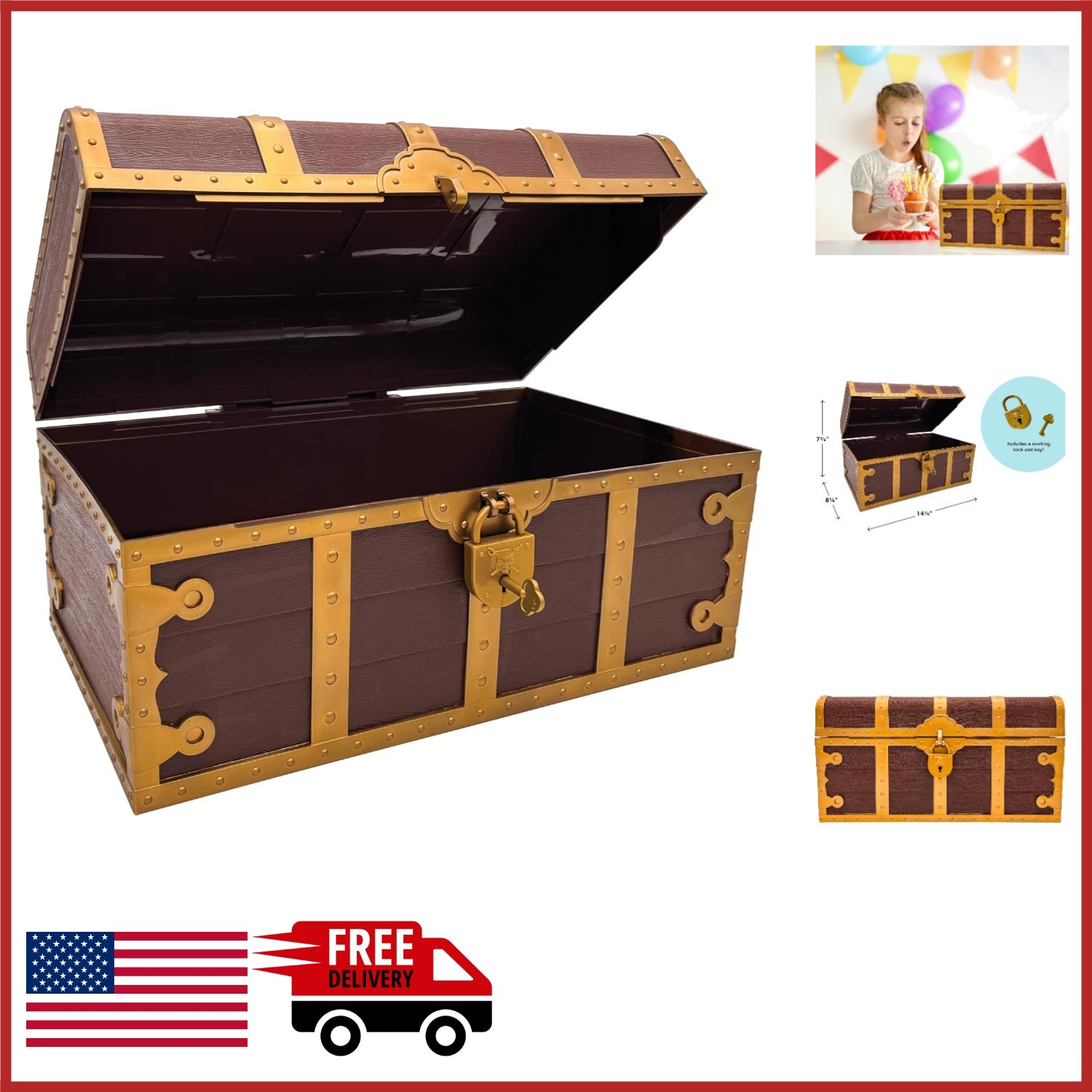 Durable Treasure Chest with Lock for Toys 14"L x 9"W x 7"H Perfect for Parties gallery