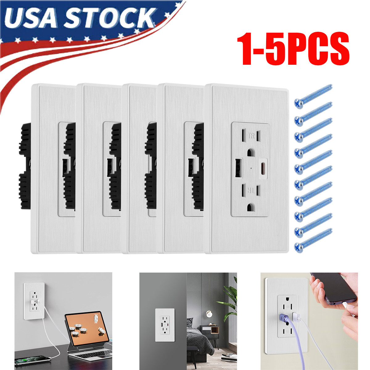 1-5 Pack UL Listed Wall Outlet with USB-A & USB-C Ports 15A Tamper Resistant gallery