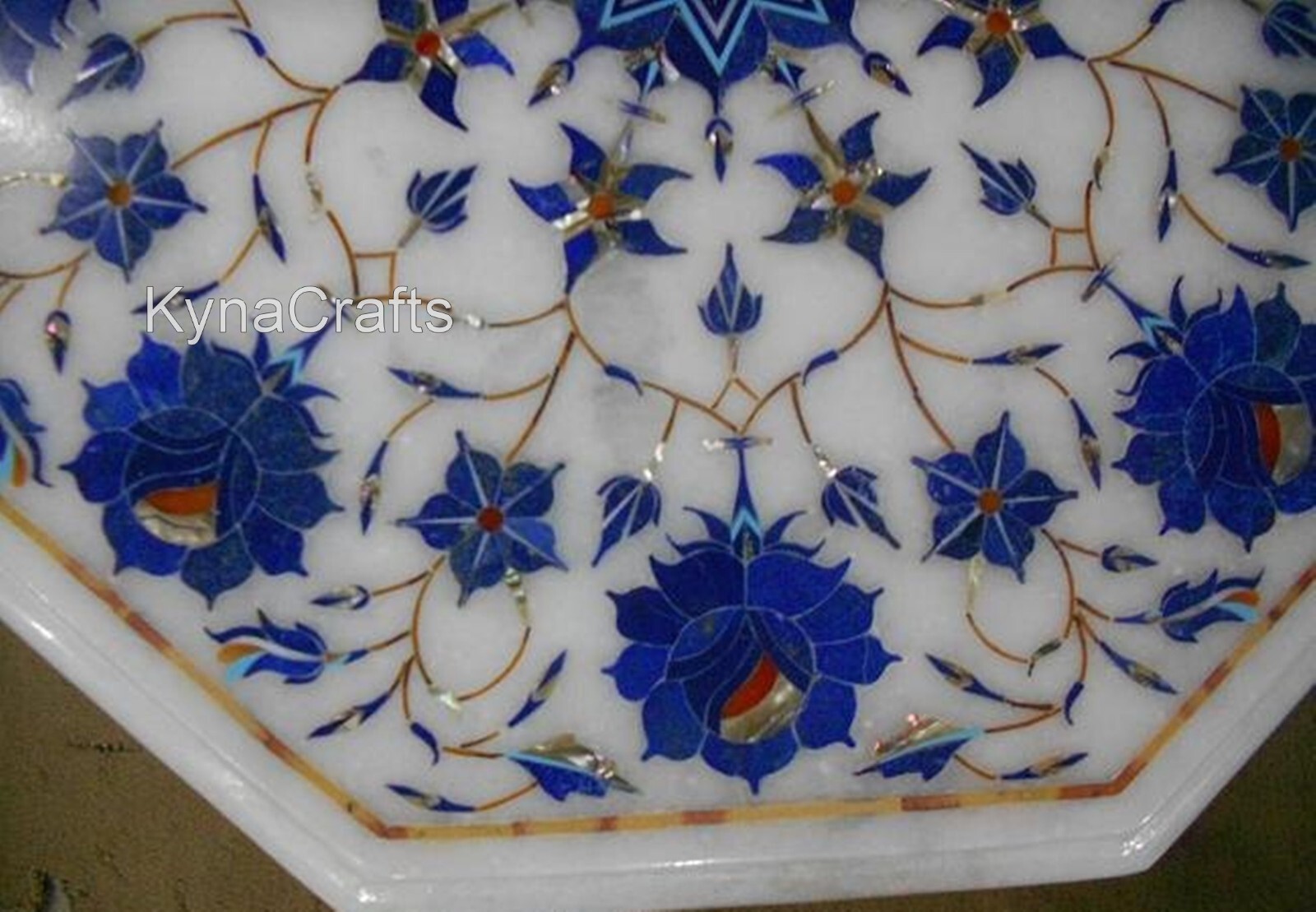 Octagon White Marble Coffee Table Top Lapis Lazuli Stone Inlay Work Indoor Table gallery