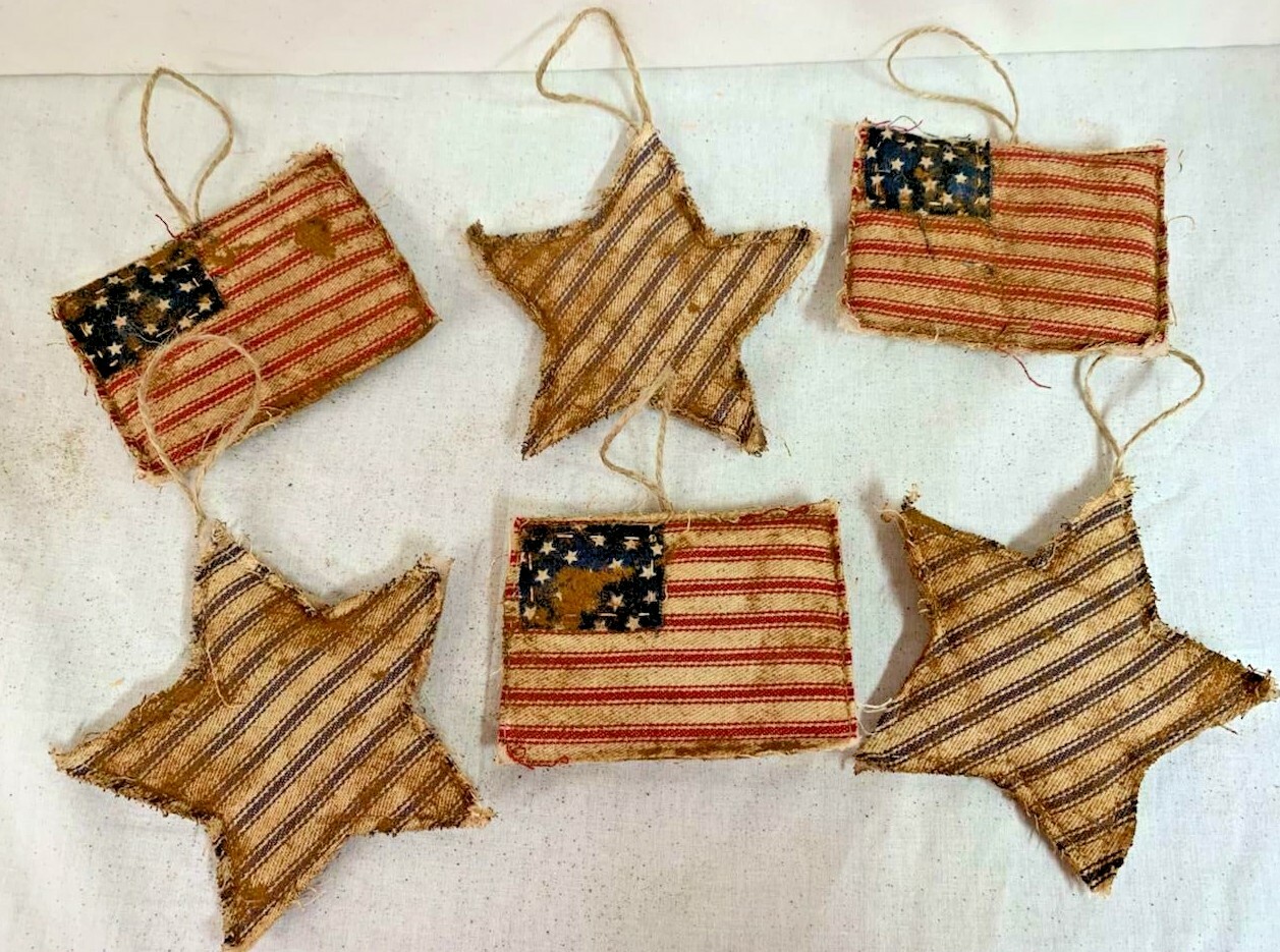 Patriotic/Flags-Stars/Tree Ornaments/Primitive/Farmhouse/ Set of 6/Grunged gallery