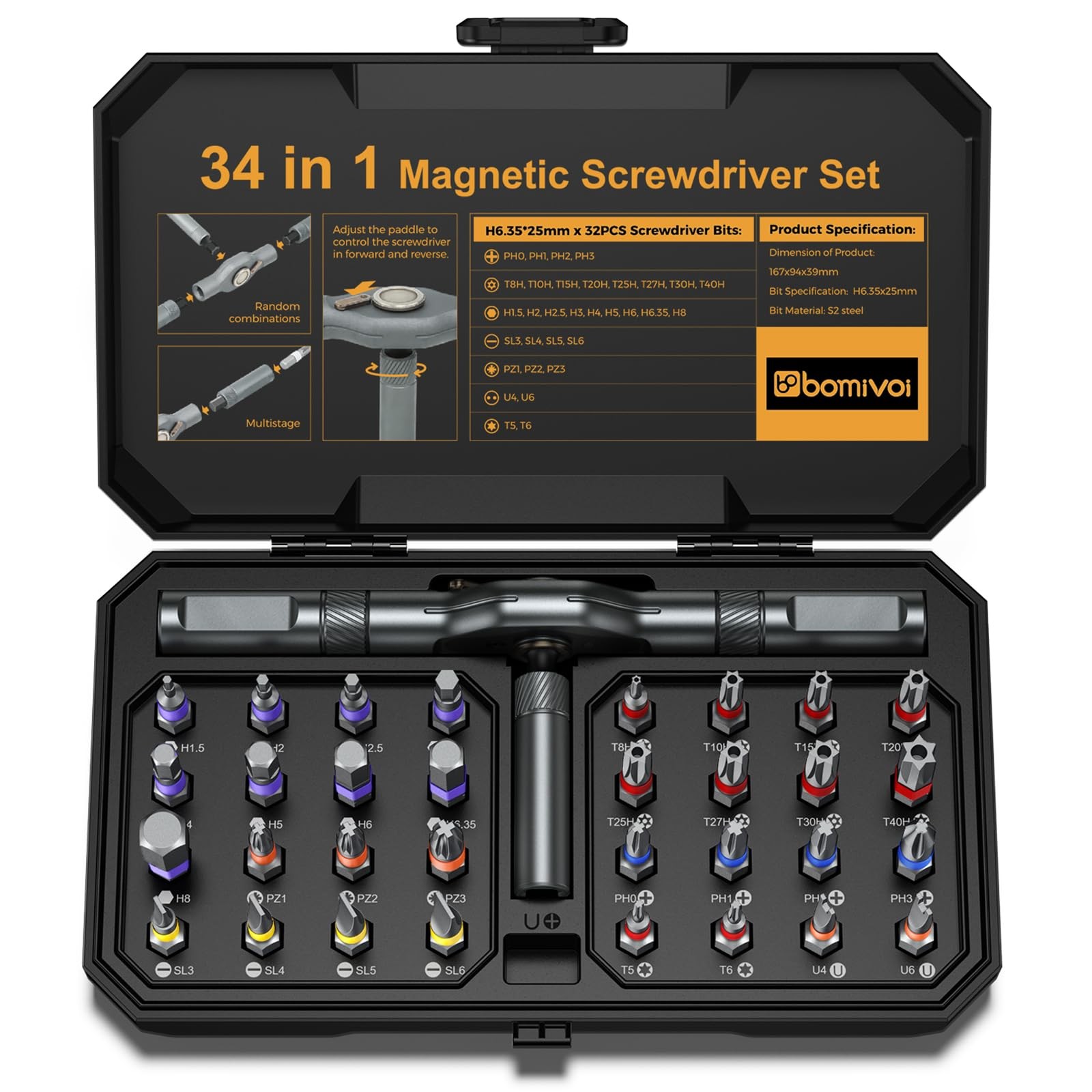 Bomivoi 34 in 1 Magnetic Screwdriver Set Ratchet Bit Kit S2 Steel Repair Tool gallery