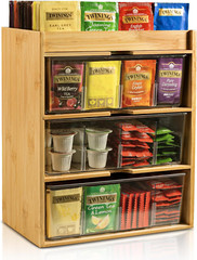 Tea Organizer – Bamboo & Acrylic 3-Layer Tea Bag Holder with Drawer, Rustic Mini