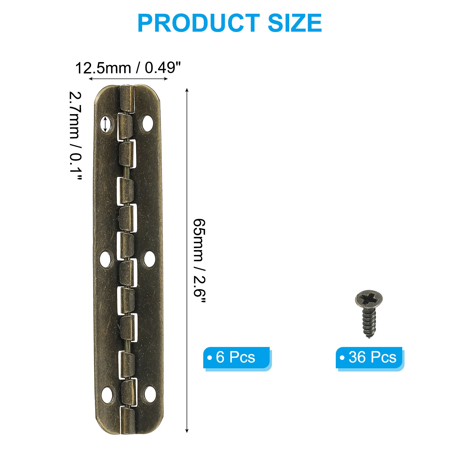 6Pcs Small Piano Hinge 2.6" x 0.6" Mini 90-Degree Jewelry Box Hinges Brown gallery