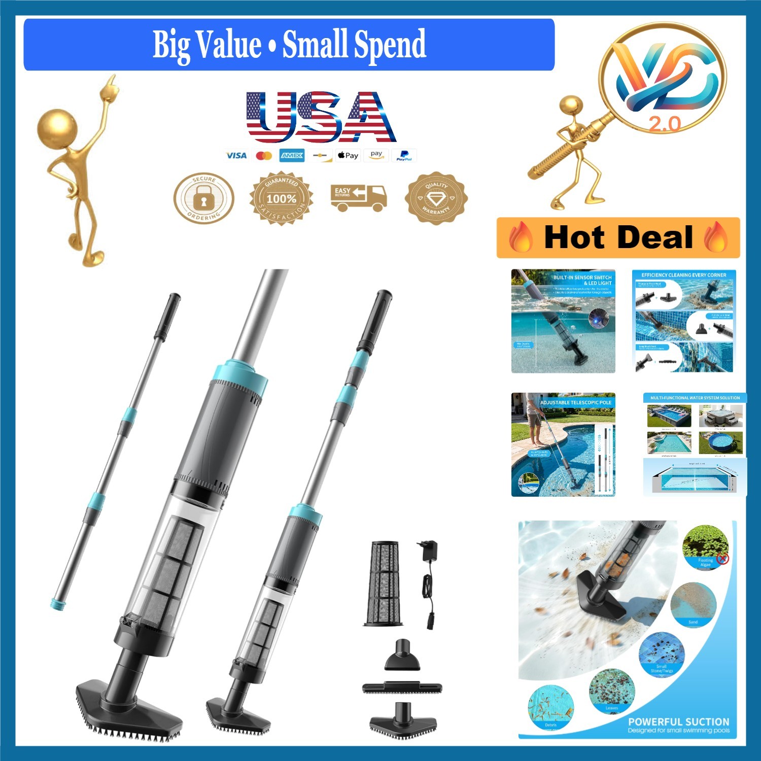 Cordless Handheld Pool Vacuum with LED Light 90 Min Runtime Rechargeable gallery