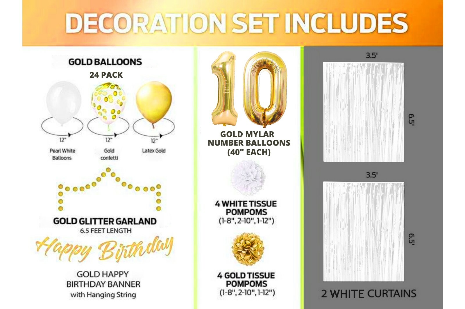 Gold & White 10th Birthday Decorations - 40" Number Balloons & More- Boy or Girl gallery