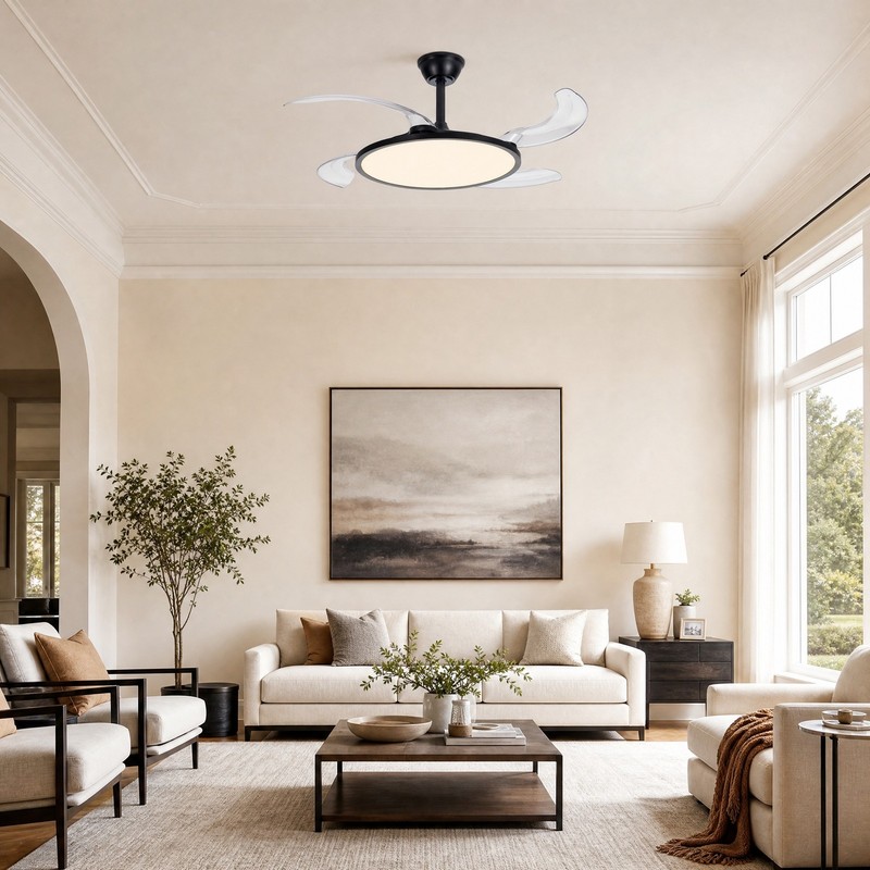 42 inch Remote Control Low Profile Black Retractable LED Ceiling Fan with Light gallery