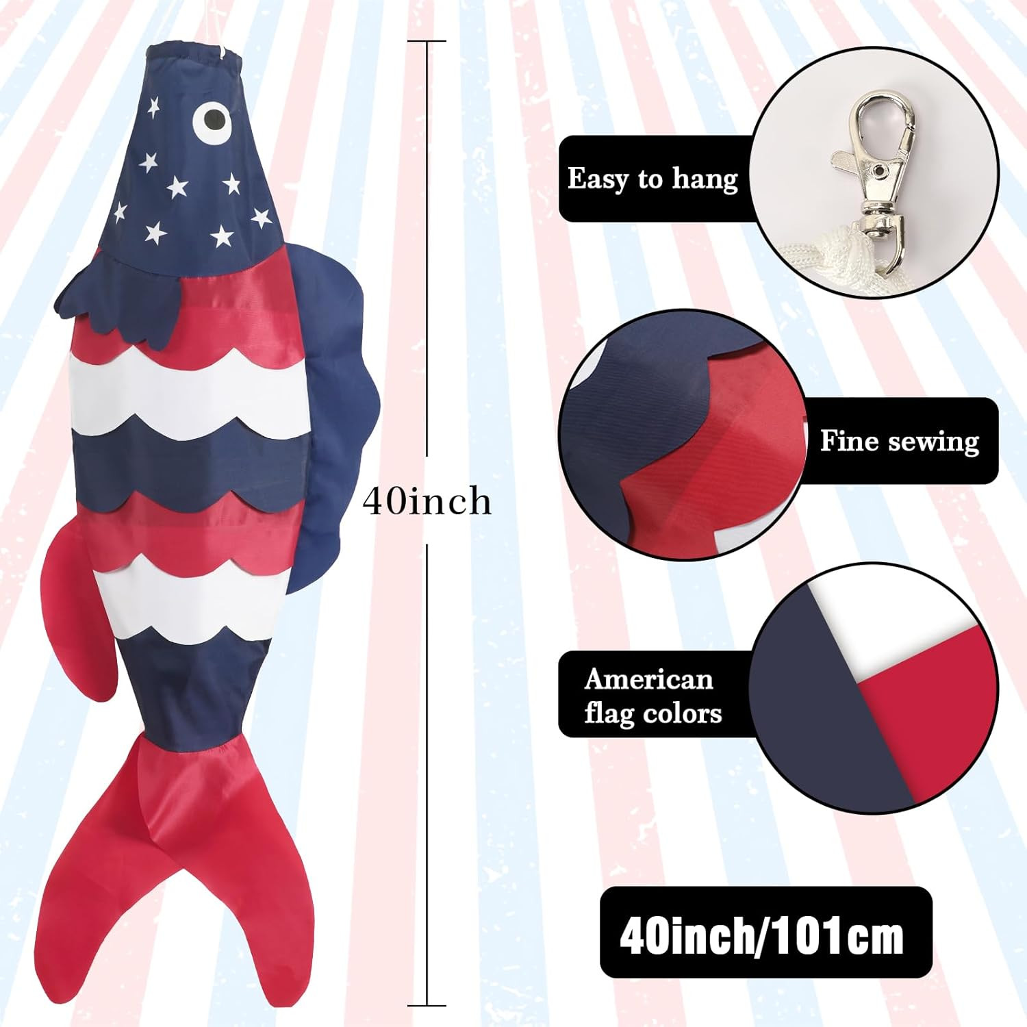 40 Inch USA American Fish Windsock, Fish Windsock 4Th of July Windsock Patriotic gallery