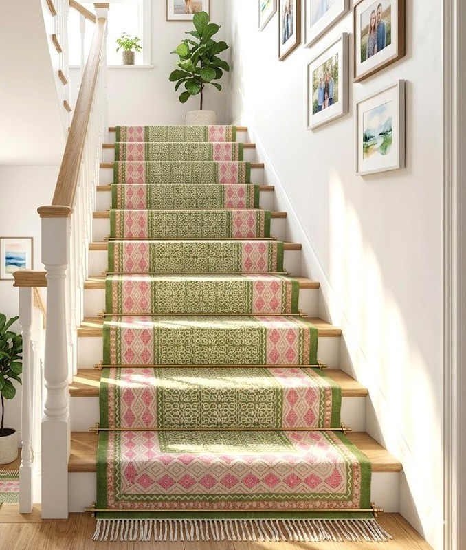 Hand Block Printed Cotton Rug, Washable Green Area Rug, Boho Indian Carpet gallery