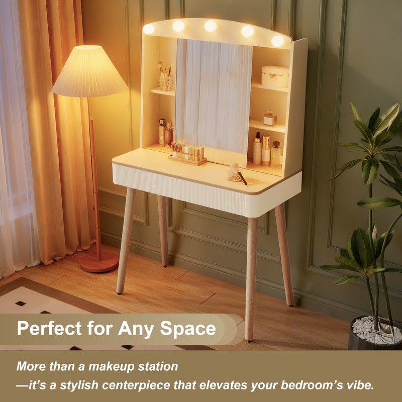 Dressing table W sliding mirror, two grooved drawers, and color changing light gallery