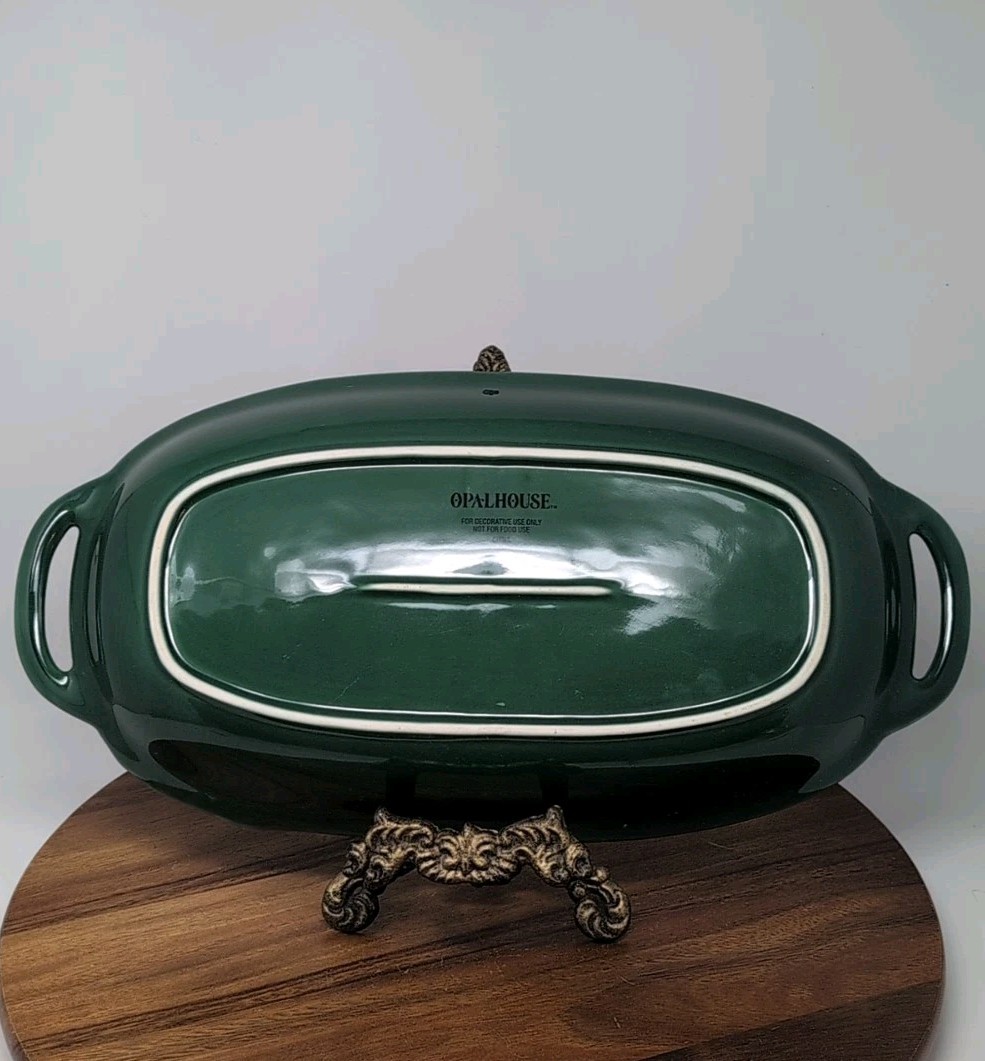 Opalhouse MAIOLICA STONEWARE GREEN LEAF FLORAL Decorative Tray 18"X9" Handles gallery