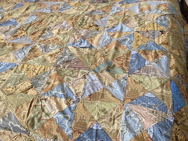 Vtg. Batik Patchwork Cotton/Rayon Quilt with cushion cover, 102" x 55" gallery