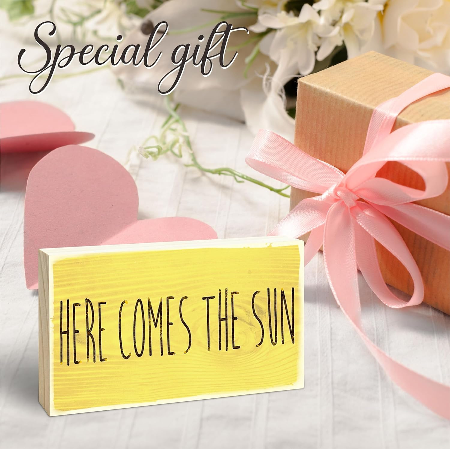 Rustic Wooden Block Sign - Here Comes the Sun - 3"X5" Pine Wood Plaque, Home & O gallery