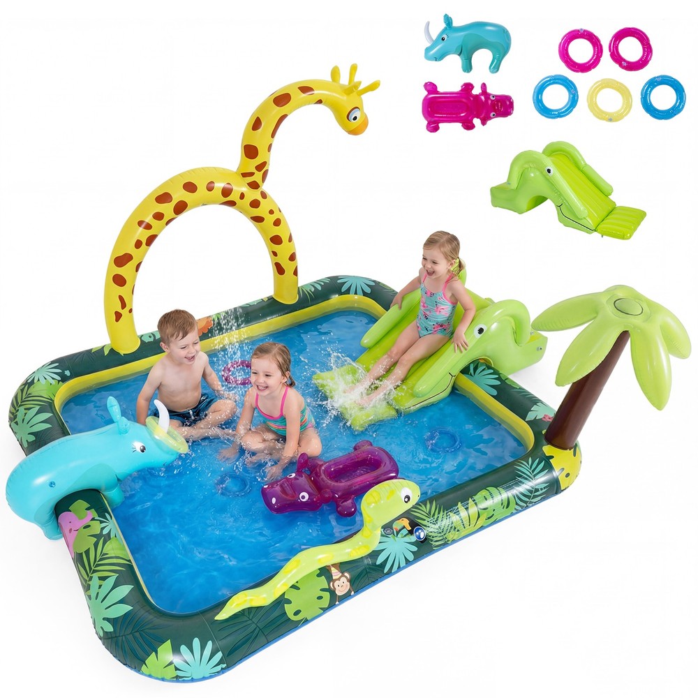 Inflatable Play Center w/Slide, Giraffe-shaped Sprinkle for Backyard, Garden