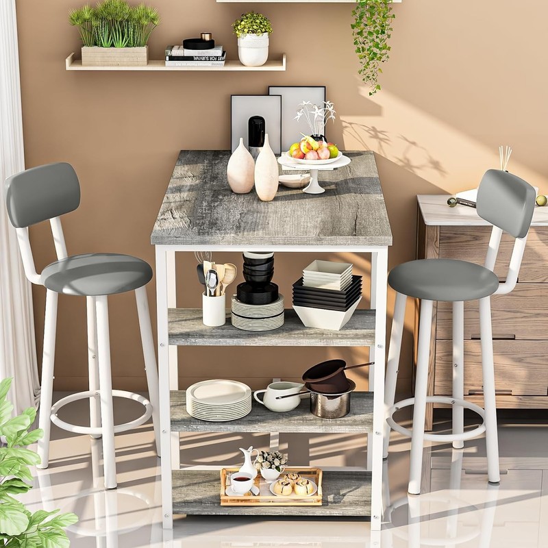 3pc Gray Pub Table Set, Counter Height Dining Table w/ 2 Upholstered Chairs gallery