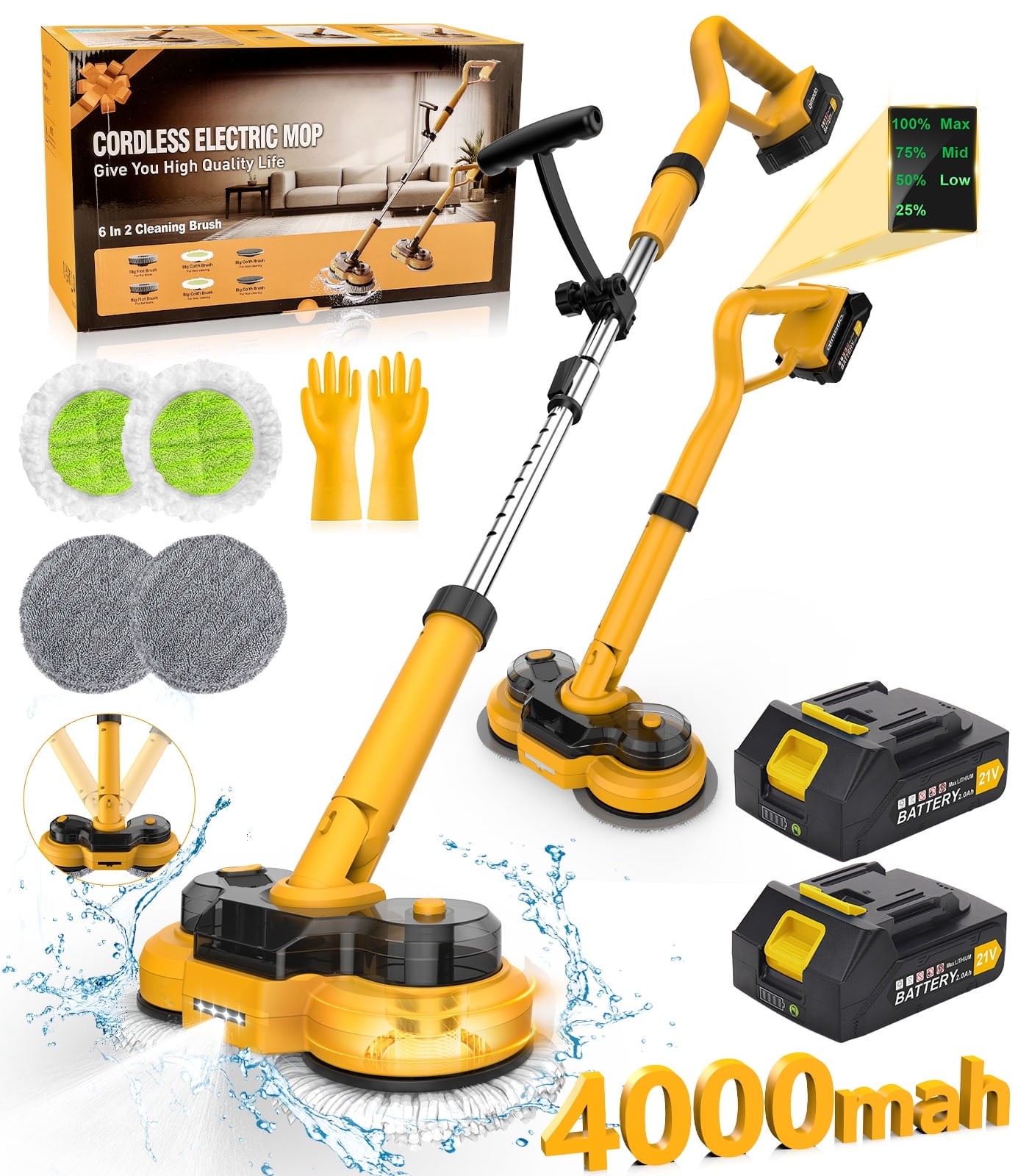 Amiluo QJS1804SS Cordless Electric Mop with LED Headlight & Water Sprayer, gallery