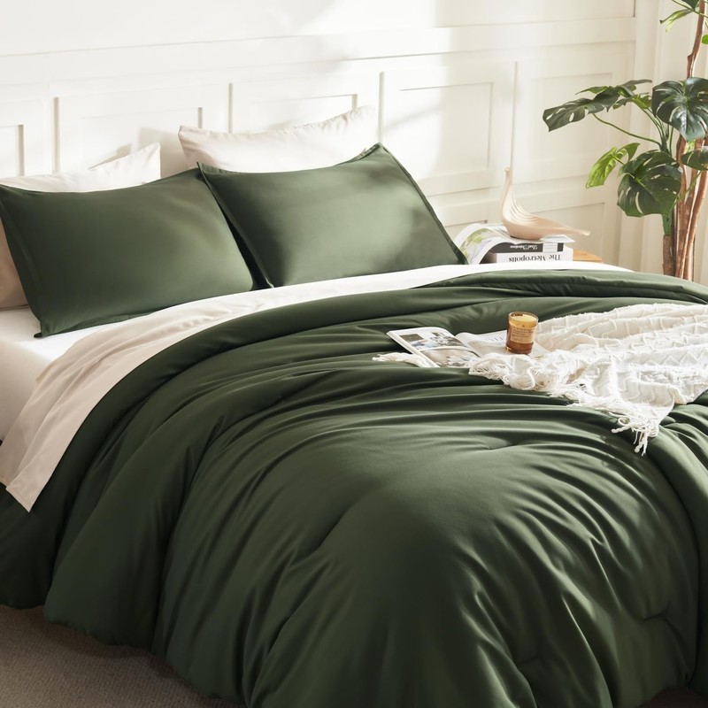 Dark Olive Green Comforter Set Queen, 3 Pieces Solid Bedding Comforter Set, A... gallery