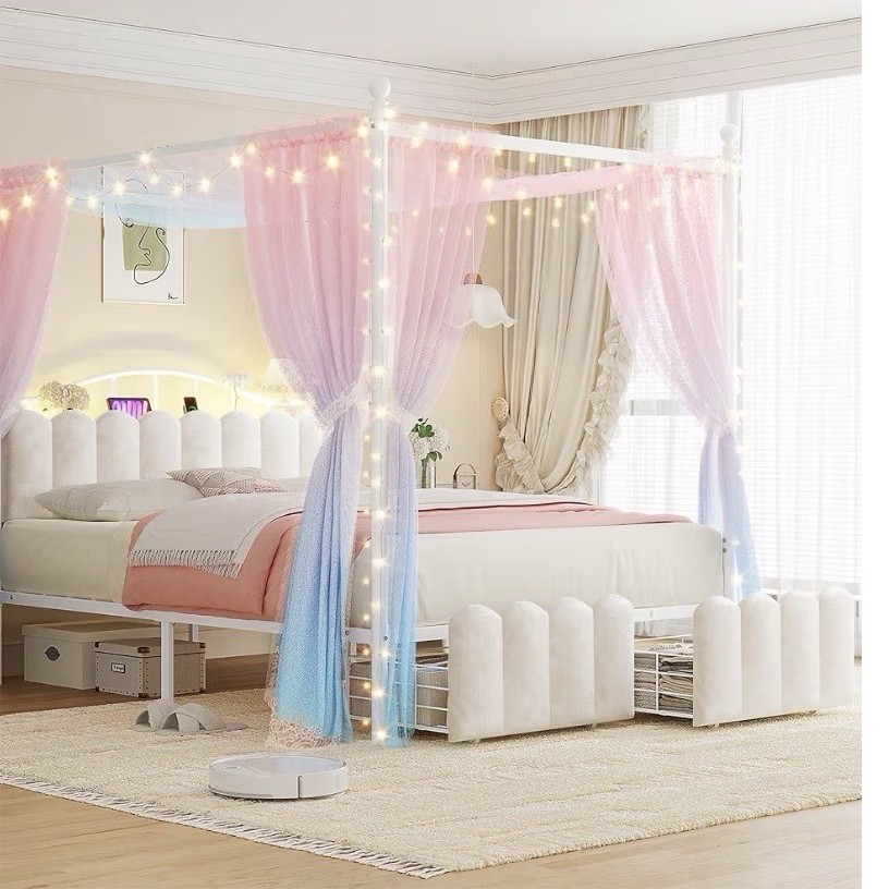 Homkdom Queen Canopy Velvet Bed Frame, LED Lights, USB Port, 2 Drawers gallery