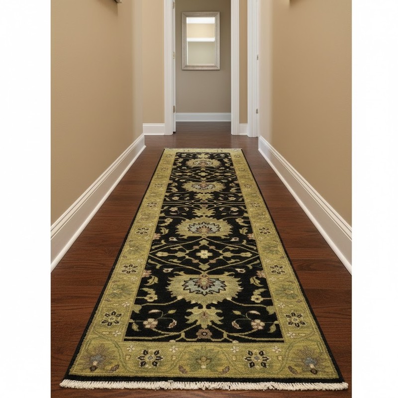 Hand-Knotted Oushak Oriental Wool Runner Rug Floral Black Carpet 2'5x7'11 ft gallery