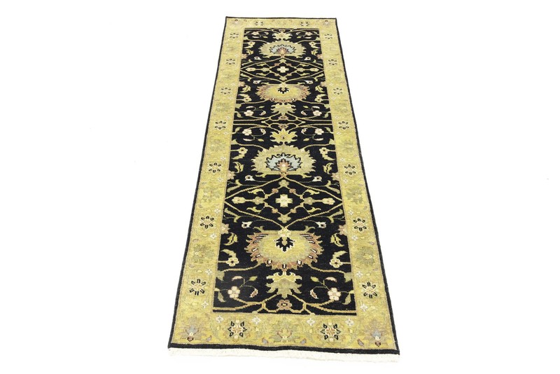 Hand-Knotted Oushak Oriental Wool Runner Rug Floral Black Carpet 2'5x7'11 ft gallery