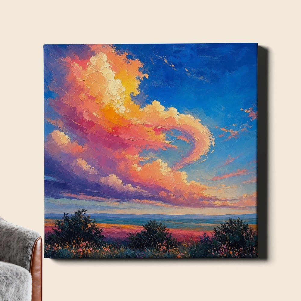 Pink sky over field cloudscape Wall Art colorful impressionist landscape