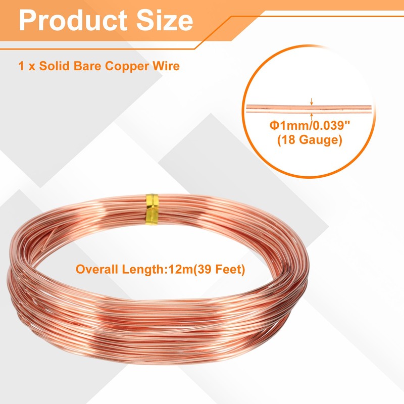 39Ft (12m) 18 Gauge (1mm) 99.9% Solid Bare Pure Copper Wire Soft gallery
