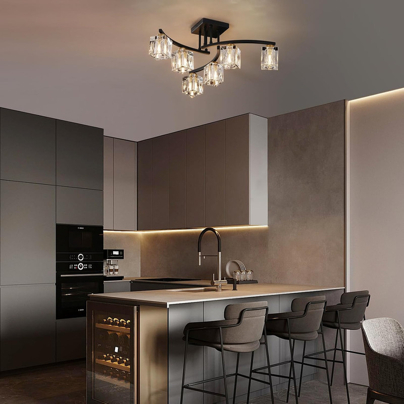 Modern 6-Light Sputnik Ceiling Fixture - Black & Gold Crystal Chandelier gallery