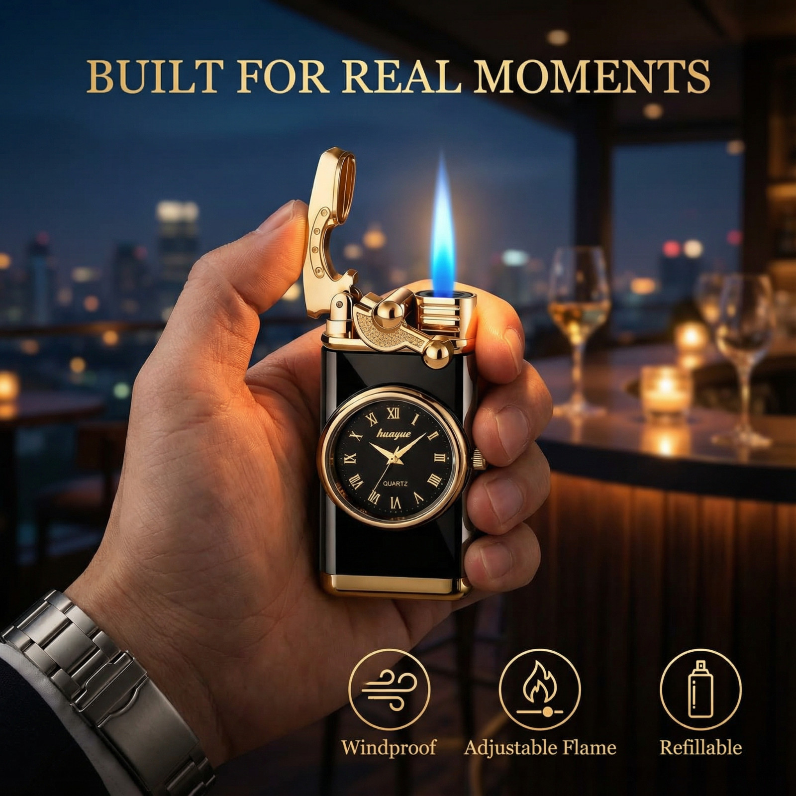 Refillable Butane Lighter No Gas Vintage Clock Design Adjustable Flame Windproof gallery