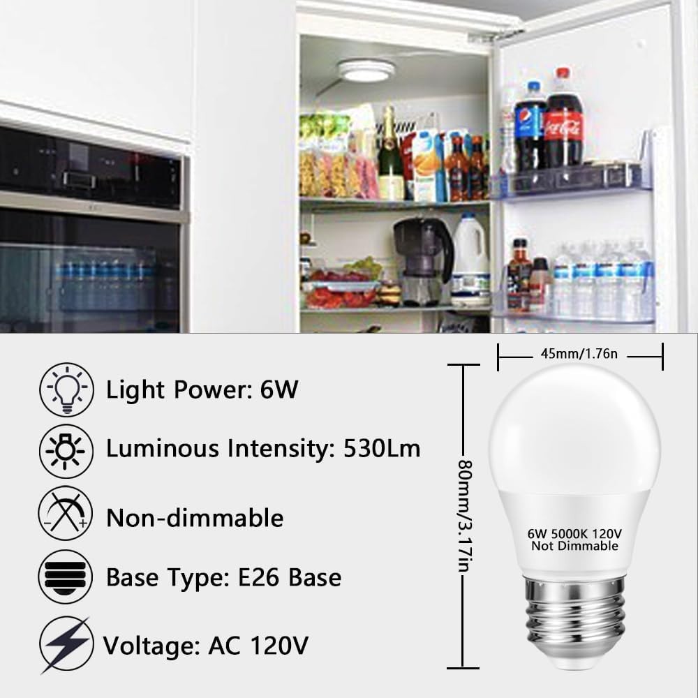 6 Pack A15 LED Refrigerator Light Bulbs 6W E26 5000K Daylight White 120V gallery