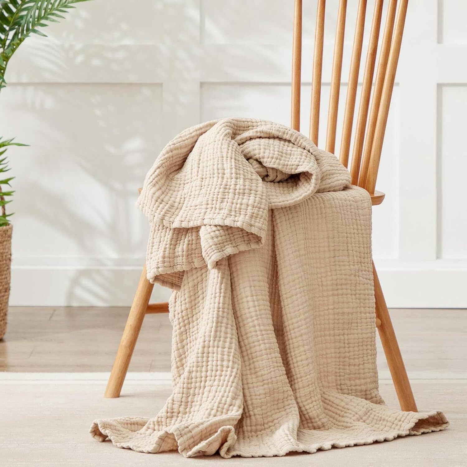 Large 50"X 70" 100% Cotton 6-Layer Muslin Blanket, Oatmeal, Beige gallery