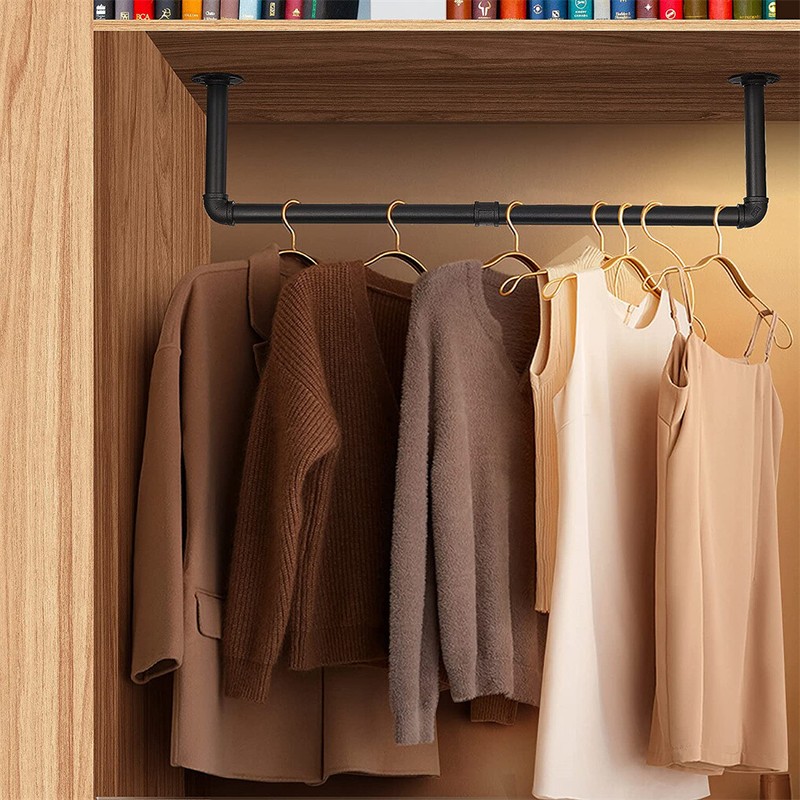 2pcs Wall Mount Pipe Clothes Rack Heavy Duty Black Garment Hanging Bar 4pcs Hook gallery