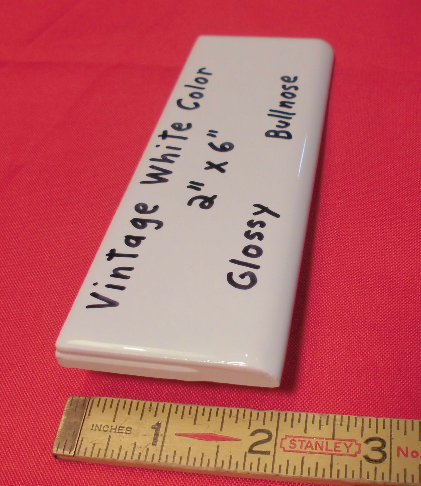1 pc. *Vintage White* Glossy 2" X 6" Ceramic Surface/Flat Bullnose Tiles; NEW gallery